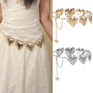 Bohemian Vintage Alloy Heart Link Waist Chain For Women Gold Silver Hammered Metal Texture Adjustable Fashion Body Jewelry