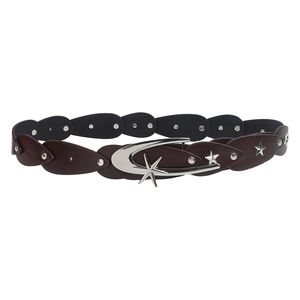 Vintage Y2K wide leather belt with crescent moon and star buckle on white background
