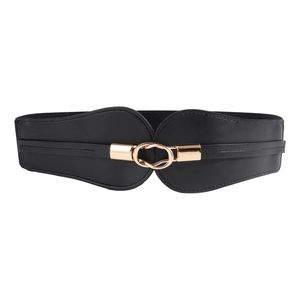 Elastic black waist belt for women with interlocking gold circle buckle on white background