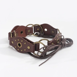 Women vintage minimalist braided thin belt with brown leather rings and rivets for dresses