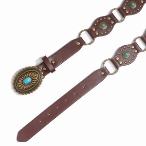Cinturón vintage de cuero marrón estilo western con piedras turquesas y hebilla floral