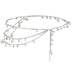 Double-layered silver waist chain with elegant white pearls and seashell charms for women
