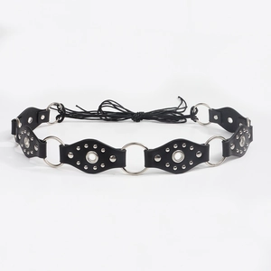 Minimalist black braided waist belt with diamond leather patches and silver metal rings