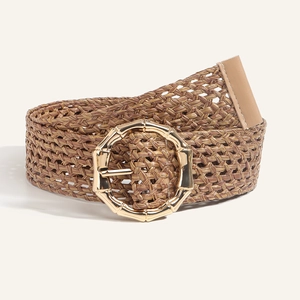 Bohemian woven straw belt for women with elegant golden bamboo-style metal buckle