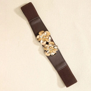 Damen Elastischer Taillengürtel mit doppelten goldenen Blumen-Metallschnallen in Braun