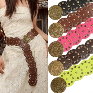 Boho Mittelalter Damen Retro PU Leder Scheibe Gürtel Große Gravierte Metallschnalle Vintage Nieten Breiter Taillengürtel Für Kleider