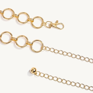 Detail van gouden metalen kettingriem met karabijnsluiting en ronde metalen bolhanger