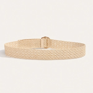 Detail of bohemian straw woven belt with golden semi-circular buckle for summer dresses