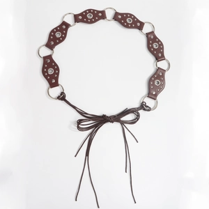 Bohemian braided belt for women featuring dark coffee leather and silver rivets decoration