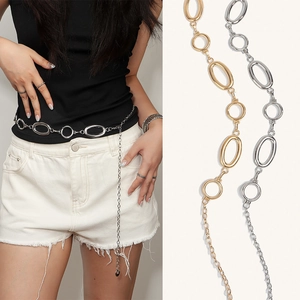Women Metal Oval Geometric Link Waist Chain Belt Adjustable Dress Body Chain Decoration Gold Silver Fashion Accessories