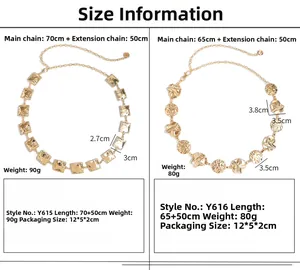 Size chart showing detailed dimensions and weights for gold alloy metal chain belts
