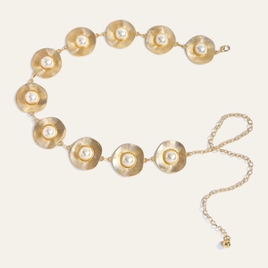 Elegant gold metal waist chain belt with sunburst round pearl charms for women