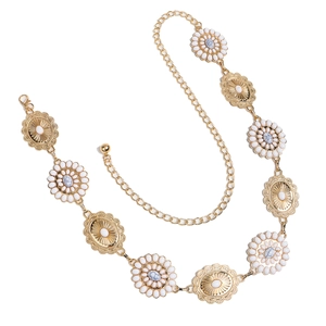 Elegant gold metal waist chain belt with daisy flower charms and marble effect beads