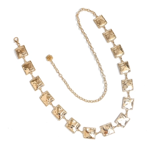 Chic gold waist chain with hammered square links and rose charm for dresses and jeans