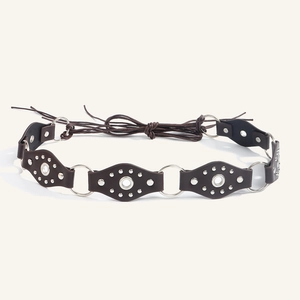 Vintage bohemian brown leather belt with metal rivets and silver link rings