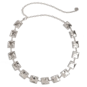 Detail of silver alloy waist chain featuring hammered square links and rose charm pendant