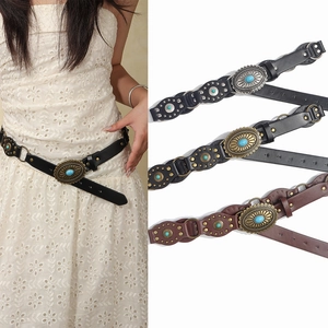 Western Cowboy Turquoise Rivet Belt For Women Vintage Bohemian PU Leather Waist Belt Fashion Decorative Waistband No Size