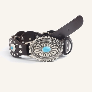 Western style brown leather belt with vintage turquoise buckle and silver sunflower rivets