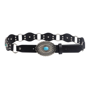 Western vintage black leather belt with turquoise buckle and silver metal studs decoration
