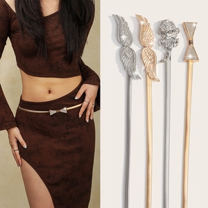 Chaîne de Taille Élastique en Métal pour Femme Ceinture Strass Rose Ailes Nœud Décor Robe Bande Élastique Accessoire de Mode