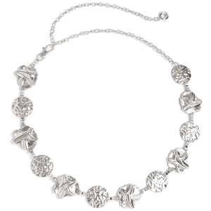 Silver hammered disc metal waist chain belt with lobster clasp closure on white background