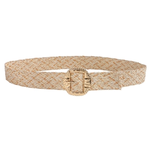 Bohemian straw woven waist belt for women with elegant golden square metal buckle