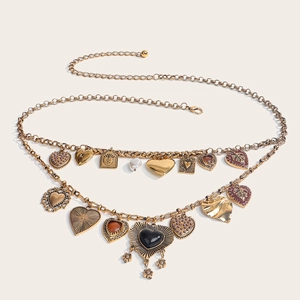 Vintage multilayer heart pendant waist chain in antique gold with diverse charms