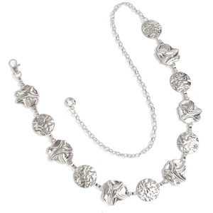 Detail of silver alloy waist chain showing hammered texture metal plates and lobster clasp