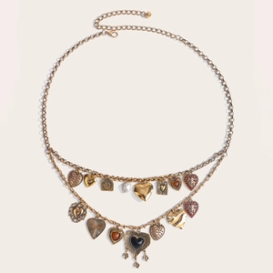 Elegant gold metal heart waist chain belt with vintage charms and pearl accents
