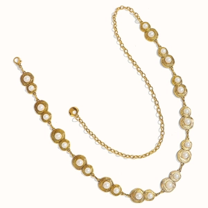 Elegant gold vintage metal chain waist belt with white pearls on a clean white background