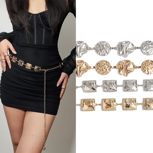 Women Fashion Metal Alloy Waist Chain Belt Hammered Geometric Link Belt With Rose Pendant For Dress Decoration Party Jewelry