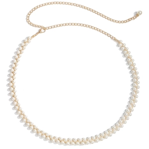 Close-up of elegant double-layered pearl body chain with golden adjustable lobster clasp