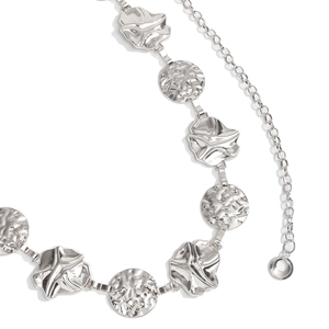 Silver alloy waist chain with hammered round and floral embossed metal link plates