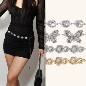 Damen Elegant Legierung Strass Taillenkette Schmetterling Blume Dekorativ Verstellbar Metall Kleid Kettengürtel Mode Accessoires