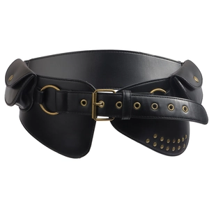 Vintage Punk-Gürtel in Schwarz mit zwei kleinen Taschen und Messing-Metallringen