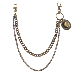 Vintage bronze double-layer punk waist chain with miniature cowboy hat charm and lobster clasps