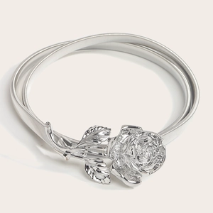 Elegant silver elastic spring waist belt featuring a detailed metal rose flower buckle