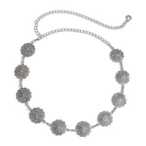 Cintura a catena in metallo argento vintage con incisioni floreali per abiti