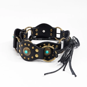 Ceinture bohème en cuir noir avec boucle de tournesol turquoise et longues franges