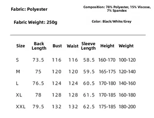 Detailed size chart and fabric specifications for men's business casual long sleeve shirt