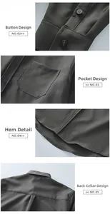 Detail view of dark grey men's long sleeve shirt with double button cuffs and chest pocket