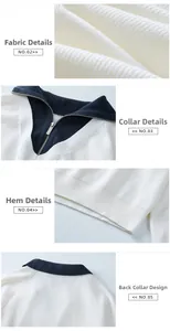 Detail van een witte ribgebreide trui met blauwe contrastkraag en metalen rits