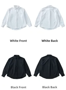 Detailed front and back views of black and white long-sleeved lapel shirts with chest pocket