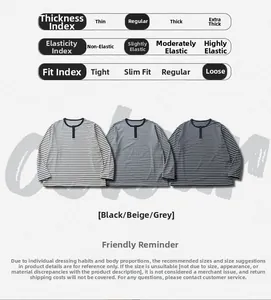 Maattabel voor loszittende gestreepte Henley-shirts voor heren in zwart, abrikoos en grijs