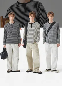 Gedetailleerde vergelijking van heren Henley-shirts met lange mouwen en strepen in drie kleuren