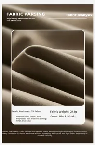 Macro shot of dark khaki TR fabric texture with 243g weight and twill pattern details