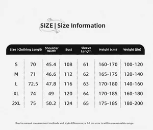 Size chart for men casual blazer jacket with dimensions from S to 2XL and measuring guide