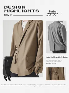 Detail of khaki casual blazer featuring side metal buckle belt and sleeve buttons