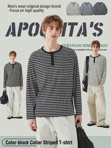 Heren Losse Pasvorm Gestrept T-Shirt Lange Mouw Casual Henley Ronde Hals Color Block Lente Basis Top Voor Dagelijks