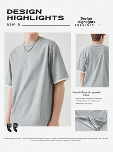 Detail van het grijze mock-layered T-shirt met witte zoom en hoogwaardige, ademende stof